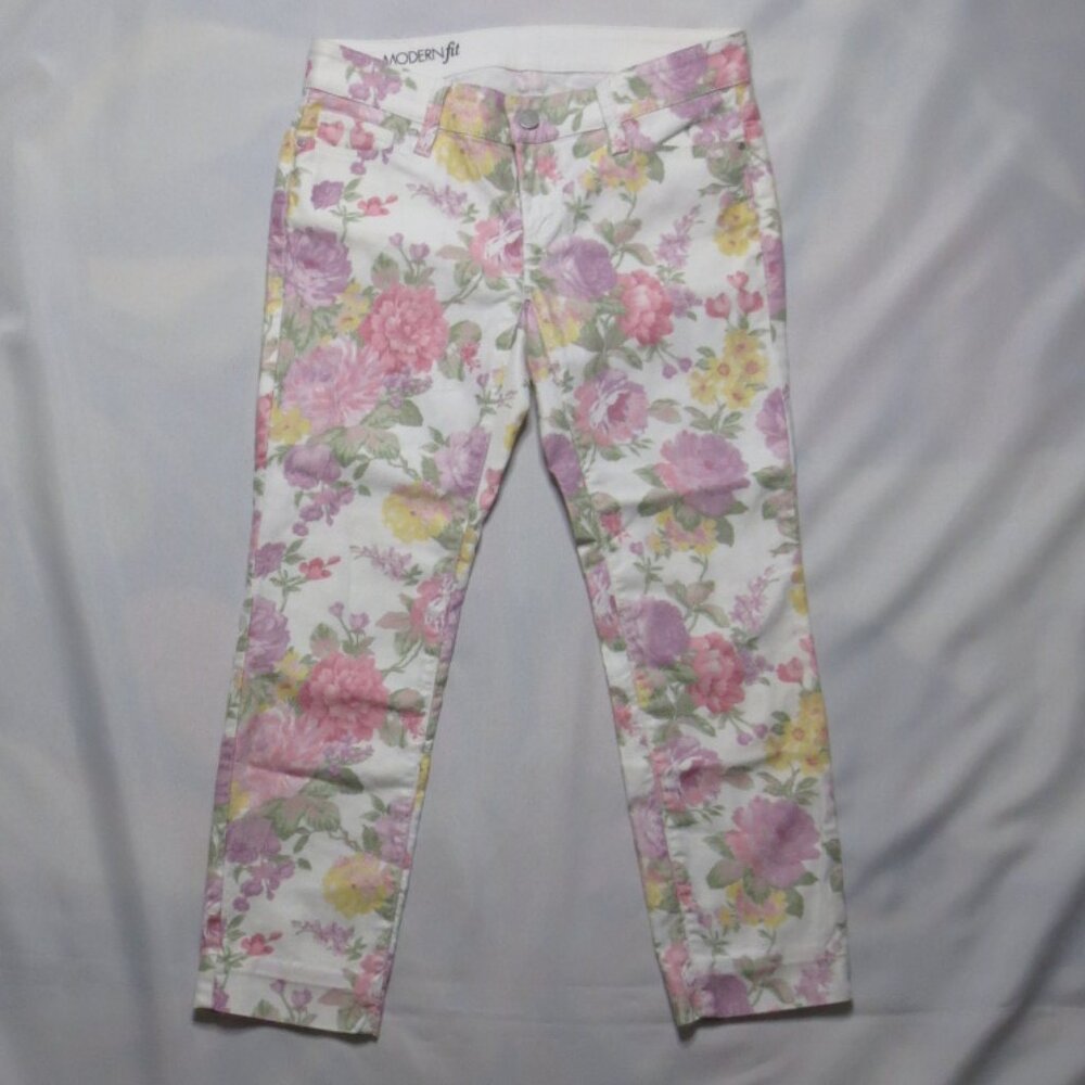 ANN TAYLOR womens JEANS floral DENIM modern fit PINK purple CROPPED pants SIZE 0